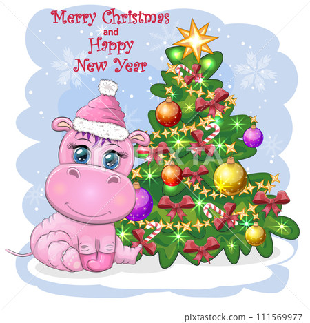 Cute cartoon hippo in Santa hat with gift, Christmas ball and candy cane. New Year and Christmas holiday. 111569977