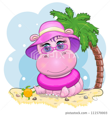 Hippopotamus cartoon character, wild animal in swimming ring, hat, summer is coming, hula dancer. 111570003