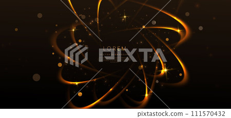 Elegant golden curved glowing with lighting effect sparkle on black background. Template premium award design. Elegant golden curved glowing with lighting effect sparkle on black background. Template premium award design. 111570432