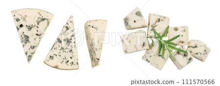 Blue cheese isolated on white background with full depth of field. Top view. Flat lay. 111570566