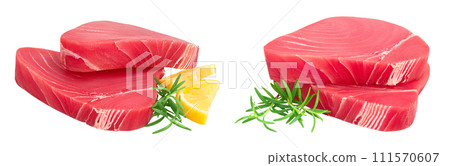 Fresh tuna fish fillet steak with rosemary and lemon isolated on white background with full depth of field 111570607