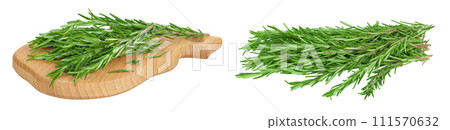 Rosemary twig and leaves on a wooden board isolated on white background 111570632