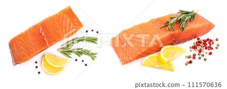 fillet of red fish salmon with lemon and rosemary isolated on white background. Top view. Flat lay 111570636