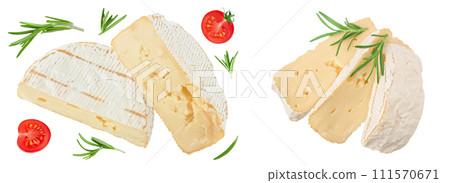 Camembert cheese isolated on white background with full depth of field. Top view. Flat lay 111570671