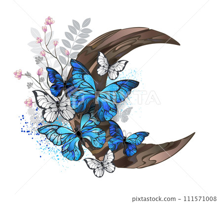 Blue butterflies on wooden crescent 111571008