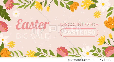 Easter sale horizontal background template for promotion. Design with flowers. Spring seasonal advertising. Hand drawn flat vector illustration. 111571049