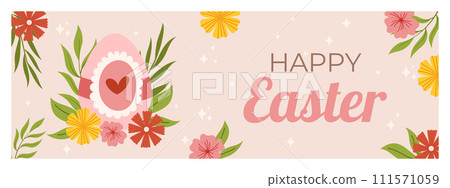 Easter horizontal banner template. Design for celebration spring holiday with flowers and painted egg 111571059