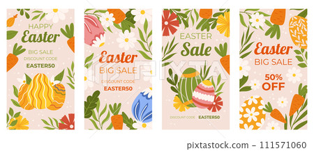 Easter promotion collection of vertical social media template. Design with carrots and flowers, painted eggs. Hand drawn Spring sale set Easter promotion collection of vertical social media template. Design with carrots and flowers, painted eggs. Hand drawn Spring sale set 111571060
