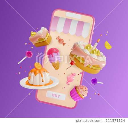 3d Sweet Store Order Online Concept Background Cartoon Style Smartphone with Floating Cupcake, Candy, Ice Cream and Cake. Vector illustration 3d Sweet Store Order Online Concept Background Cartoon Style Smartphone with Floating Cupcake, Candy, Ice Cream and Cake. Vector illustration 111571124