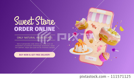 3d Sweet Store Order Online Ads Banner Concept Poster Card Smartphone with Floating Cupcake, Candy, Ice Cream and Cake. Vector illustration 111571125