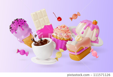 3d Fresh and Delicious Sweet Desserts Order Concept Background Cartoon Style Include of Candy, Muffin, Ice Cream and Chocolate. Vector illustration 111571126