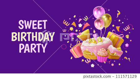 3d Sweet Birthday Party Ads Banner Concept Poster Card Cake with Candle and Confetti Popper Serpentine. Vector illustration 3d Sweet Birthday Party Ads Banner Concept Poster Card Cake with Candle and Confetti Popper Serpentine. Vector illustration 111571129