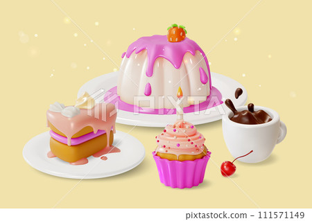 3d Patisserie Cakes Desserts and Coffee Concept Background Cartoon Style Panna Cotta, Piece Cake and Muffin. Vector illustration 111571149