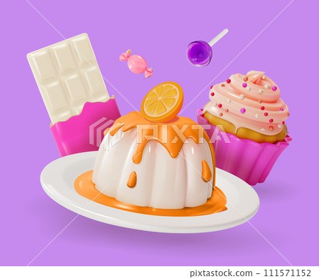 3d Floating Panna Cotta with Orange, Cupcake and Chocolate Sweet Dessert Food Concept Cartoon Style . Vector illustration 111571152