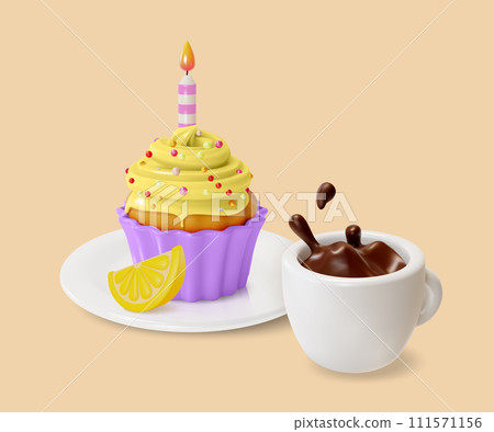 3d Lemon Cupcake with Candle and Cup Coffee Splash Sweet Dessert Food Cartoon Style Isolated on a White Background. Vector illustration of Muffin with Cream 111571156