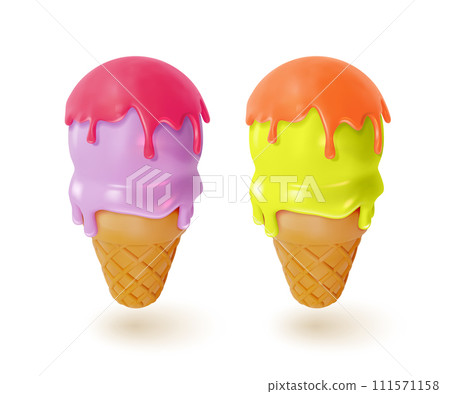 3d Different Waffle Cone with Scoops of Ice Cream Set Sweet Dessert Food Cartoon Style Isolated on a White Background. Vector illustration 111571158