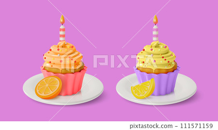 3d Cupcake with Candle Lemon and Orange Tastes Sweet Dessert Food Cartoon Style Isolated on a White Background. Vector illustration of Muffin with Cream 111571159