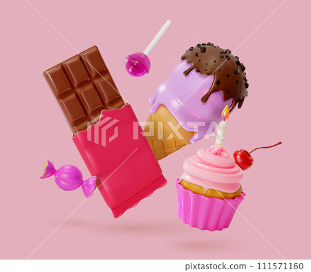 3d Floating Sweet Dessert Food Concept Cartoon Style Include of Candy, Cupcake, Ice Cream and Chocolate. Vector illustration 3d Floating Sweet Dessert Food Concept Cartoon Style Include of Candy, Cupcake, Ice Cream and Chocolate. Vector illustration 111571160