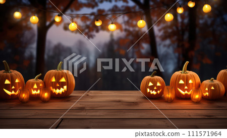 AI-generated content. Haunted Halloween: A Scary Pumpkin's Evil Grin Illuminates the Dark Night of Autumn 111571964