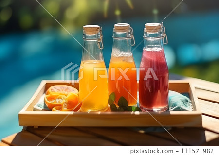 AI-generated content. summertime vibes Bottles of freshly squeezed juice standing on a wooden tray 111571982