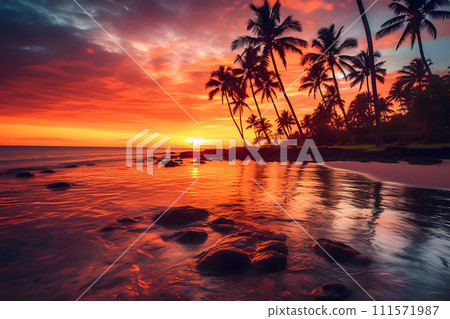 AI-generated content. Tropical background with water reflection on sunset with clouds ai generated 111571987