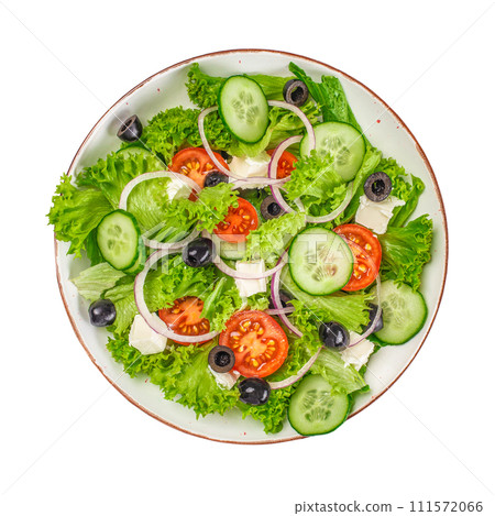 Greek salad with cheese and fresh vegetables isolated on white background Greek salad with cheese and fresh vegetables isolated on white background 111572066