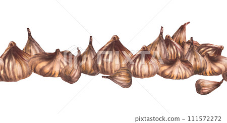 Watercolor pile of dried figs fruit, handful picked whole dry fruit. Food, plant seamless pattern, border for label, wallpaper, price tag, packing Hand drawn illustration. Isolated on white background 111572272