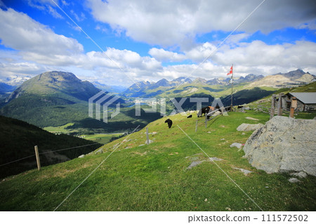 Under a clear summer sky, walking along the mountain trail while admiring the spectacular view from Muottas Murail (Graubunden, Switzerland) Under a clear summer sky, walking along the mountain trail while admiring the spectacular view from Muottas Murail (Graubunden, Switzerland) 111572502