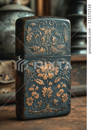 A vintage gasoline lighter for cigars stands on a stand on the table 111572516