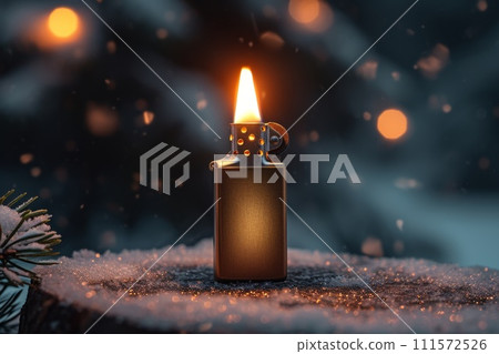 A vintage gasoline lighter for cigars stands on a stand on the table 111572526