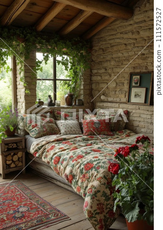 Creative interior of a bedroom in a country house 111572527