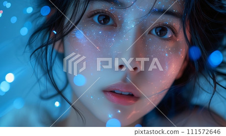 AI-generated content. Angular hologram screens. Young Asian woman watching business technology. 111572646