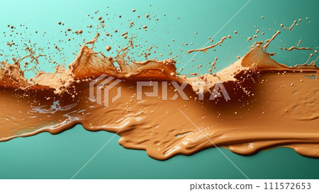 AI-generated content. A foundation product bottle splashes in a liquid foundation composition background. A BB CC Cream Concealer texture. A cosmetic product swatch. 111572653