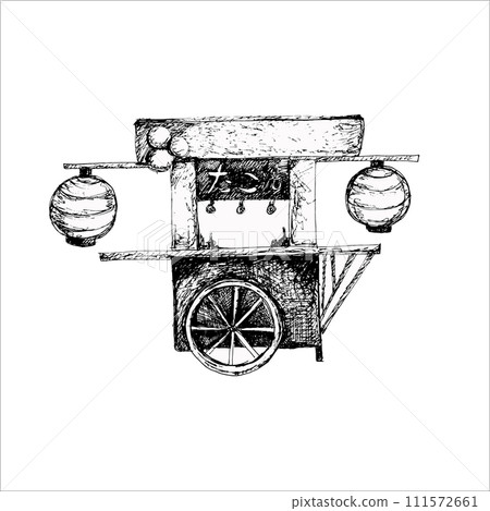 Traditional Asian street cart vector illustration. Japanese cafe on wheels with traditional lanterns, with street food for cafe, menu, restaurant design 111572661