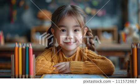 AI-generated content. Drawing and portrait of girl in classroom exam, studying with book or studying in kindergarten. Preschool smile, development, and kid coloring for creative art in notebook. 111572667