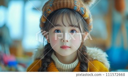 AI-generated content. Youtube star young girl play and work on her hobby at home. Enjoying live your show, painting, and taking selfies online video calls with friends. 111572668