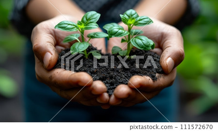 AI-generated content. In a startup company with diverse people holding growing sprouts, you can see a team of eco-friendly people collaborating and working together to grow plants. 111572670