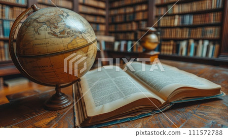 AI-generated content. Vintage background with a globe lying on an open book against a library's shelves. Retro style. Science, education, travel, vintage background. Education history and geography 111572788