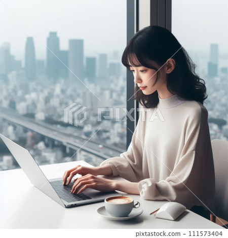 A woman using a computer by the window 111573404
