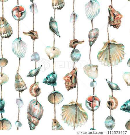 Various seashells are round, spiral, suspended on ropes. Marine garlands for decoration. Hand drawn watercolor illustration. Seamless pattern on a white background. Various seashells are round, spiral, suspended on ropes. Marine garlands for decoration. Hand drawn watercolor illustration. Seamless pattern on a white background. 111573527