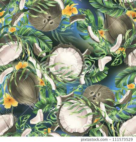 Coconuts whole, halves and pieces with bright, green, tropical palm leaves and yellow plumeria flowers. Hand drawn watercolor illustration. Seamless pattern, background. Coconuts whole, halves and pieces with bright, green, tropical palm leaves and yellow plumeria flowers. Hand drawn watercolor illustration. Seamless pattern, background. 111573529