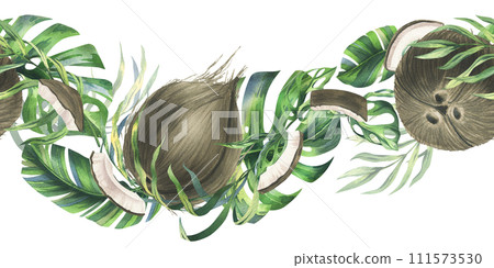 Coconuts whole, halves and pieces with bright, green, tropical palm leaves. Hand drawn watercolor illustration. Seamless border isolated from the background Coconuts whole, halves and pieces with bright, green, tropical palm leaves. Hand drawn watercolor illustration. Seamless border isolated from the background 111573530