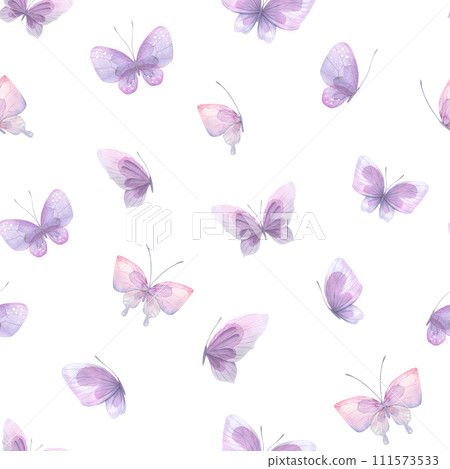 Watercolor illustration of pink and lilac butterflies. Seamless pattern, gentle, airy. For fabric, textiles, wallpaper, prints, scrap paper Watercolor illustration of pink and lilac butterflies. Seamless pattern, gentle, airy. For fabric, textiles, wallpaper, prints, scrap paper 111573533