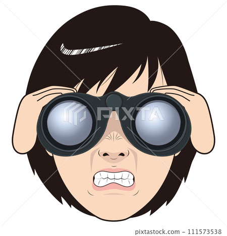 一個女人透過雙筒望遠鏡看,感到遺憾 一個女人透過雙筒望遠鏡看,感到遺憾 111573538