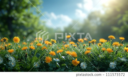 AI-generated content. Summer spring perfect natural landscape featuring fresh grasses and yellow dandelion flowers in a meadow. 111573572