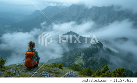 AI-generated content. Taking a break on the summit of Eisenerzer Reichenstein in Styria, Austria, Europe. The Ennstal valley is covered with clouds and fog. Hiking trail, Wanderlust, Autumn. Sunny day 111573633