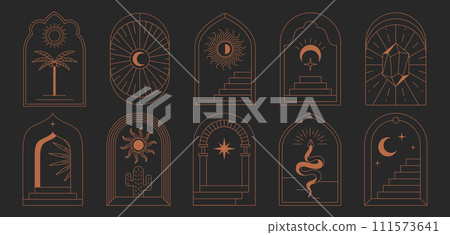 Boho logos, linear arch frames and symbols with mystical esoteric elements Boho logos, linear arch frames and symbols with mystical esoteric elements 111573641