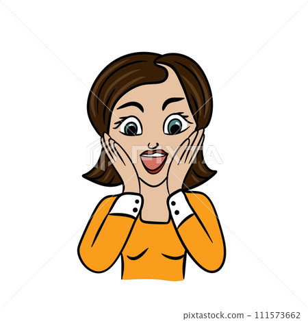 Hand drawn illustration of cartton woman, surprised shocked amazed. Black hair yellow shirt, expression expressive face with hands to cheeks, adult afraied scared nervous, wow lifestyle. Hand drawn illustration of cartton woman, surprised shocked amazed. Black hair yellow shirt, expression expressive face with hands to cheeks, adult afraied scared nervous, wow lifestyle. 111573662