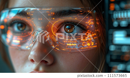 AI-generated content. An engineer examines AI technology while wearing eyeglasses AI-generated content. An engineer examines AI technology while wearing eyeglasses 111573665
