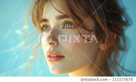 AI-generated content. A side view portrait of an attractive, cheerful girl displaying a new copy space ad against a bright blue background 111573678